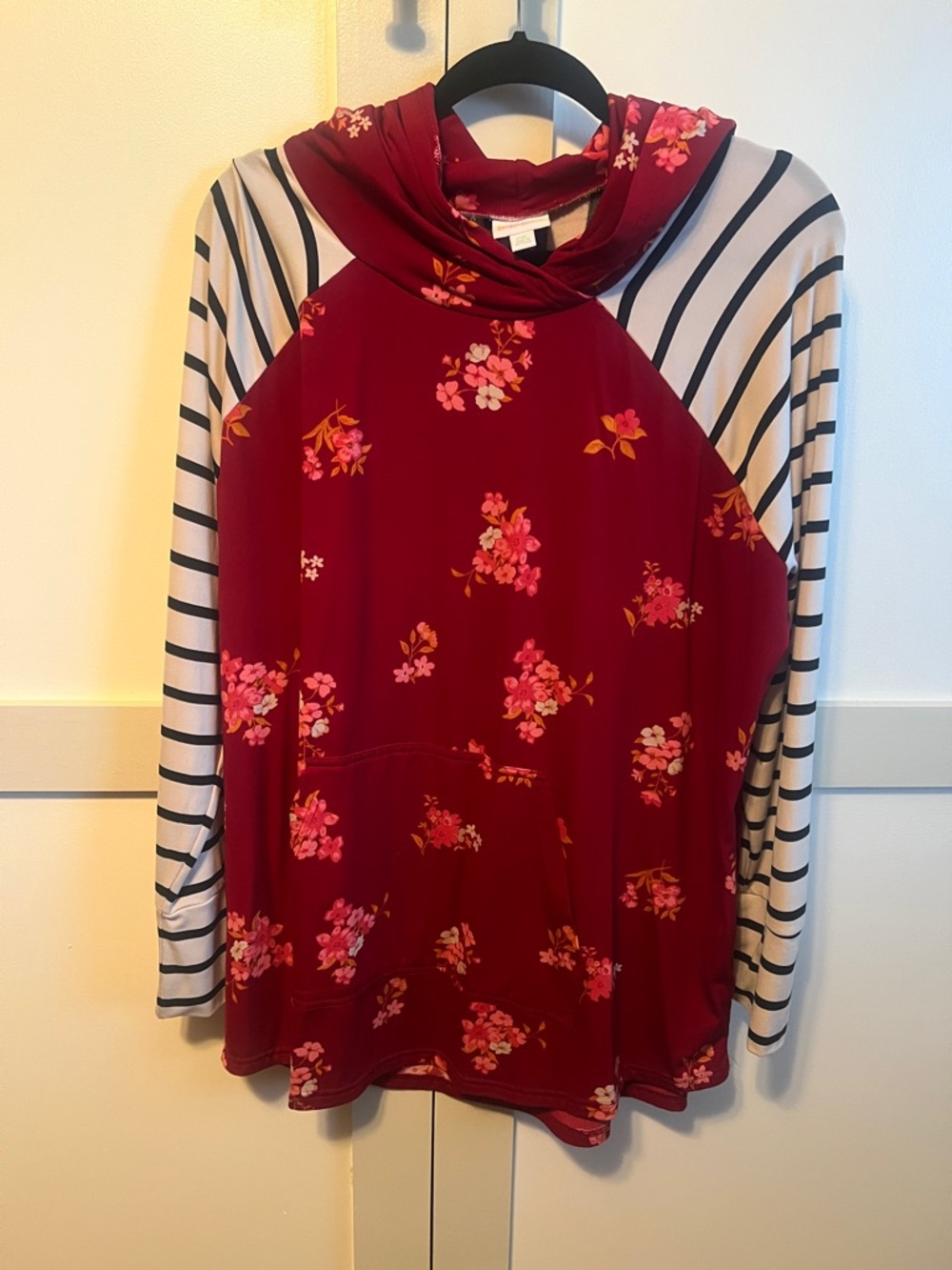 LuLaRoe Burgundy Floral Hooded Top with Black & White Striped Sleeves